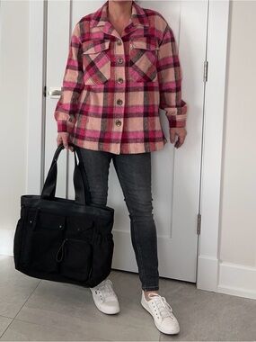 Christina Lei Plaid Button-Up Shacket Jacket in Pink